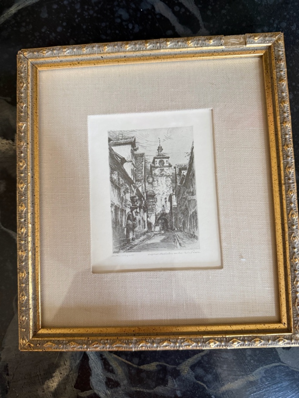 Paul Geissler Rothenburg  Vintage Etching in Ornate Gold Frame 1920